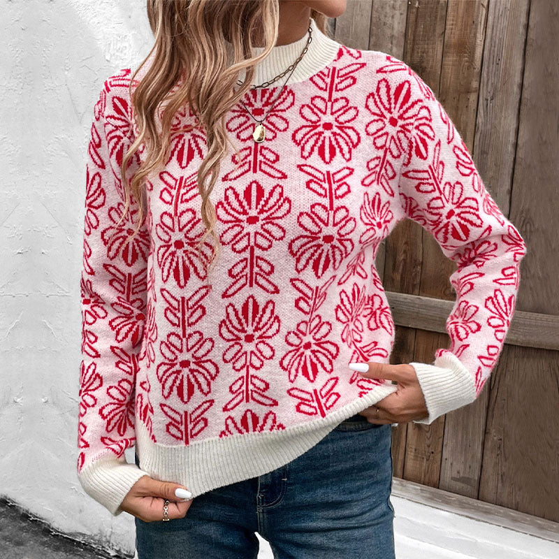 Damen Strickpullover Floralmuster Stehkragen
