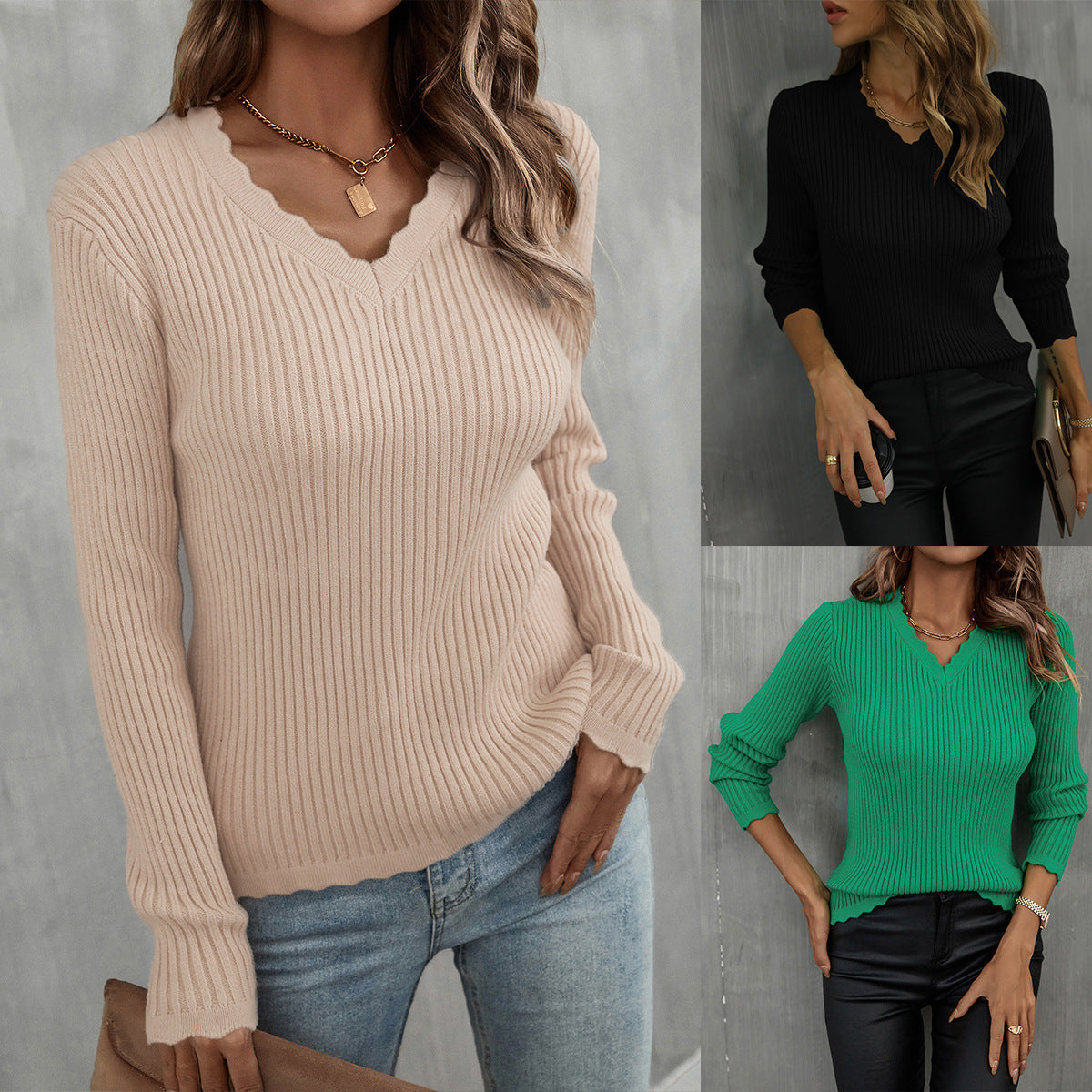 Damen Pullover V-Ausschnitt Rippenmuster Wellenkante - Eveloria