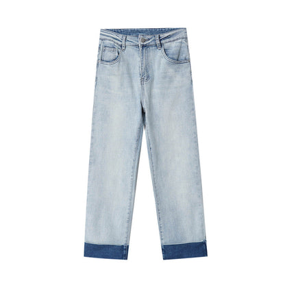 Damen High-Waist Jeans Vintage-Look Umgeschlagener Saum Dunkelblau