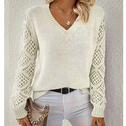 Damen Strickpullover V-Ausschnitt Lochmuster Eveloria