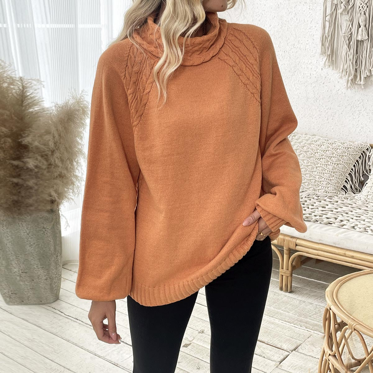 Damen Pullover Rollkragen Strukturiertes Zopfdesign Eveloria - Eveloria