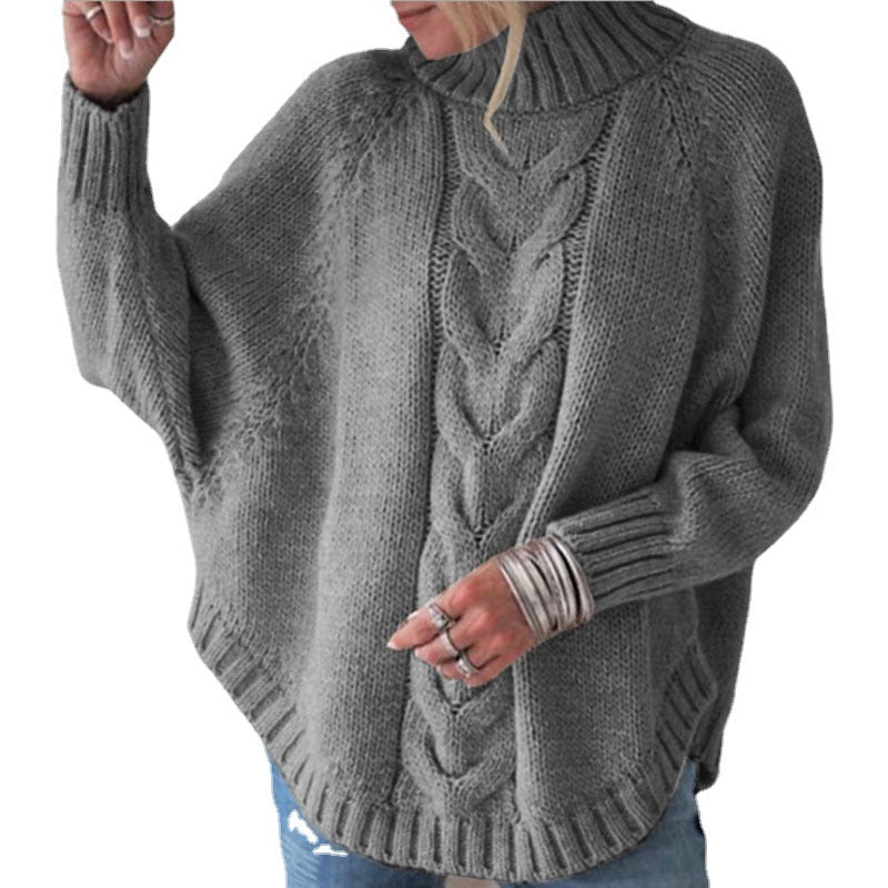Damen Grobstrickpullover Hochkragen Zopfmuster