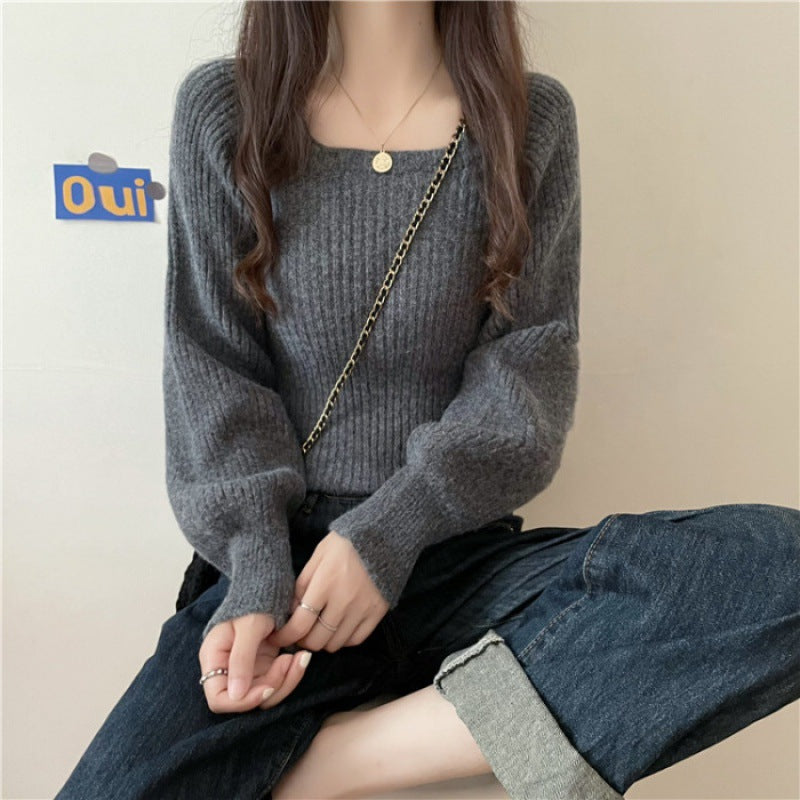 Damen Rippstrickpullover Weite Ärmel Bequem Grau