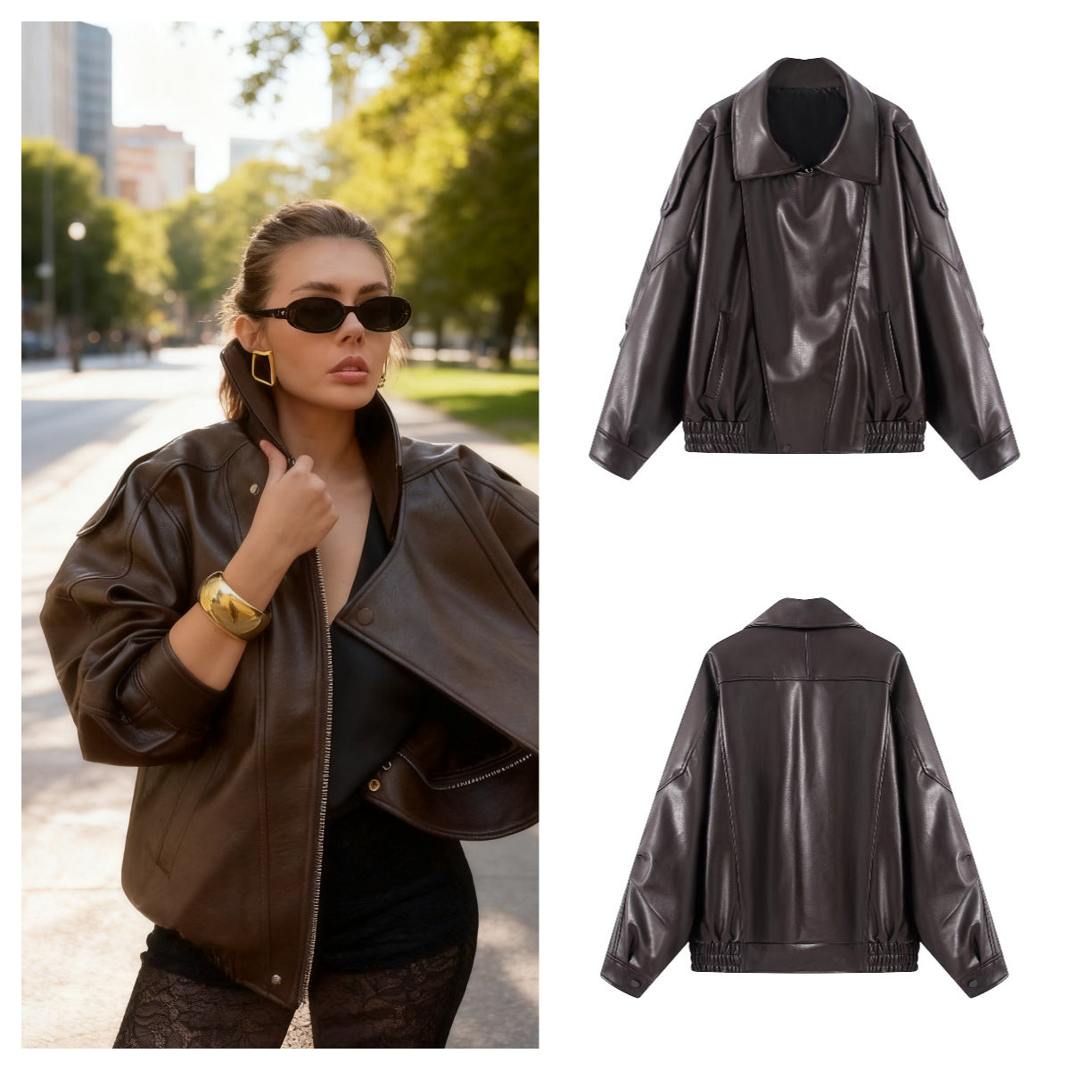 Damen Kunstlederjacke Innovatives Design Praktische Taschen Schwarz - Eveloria