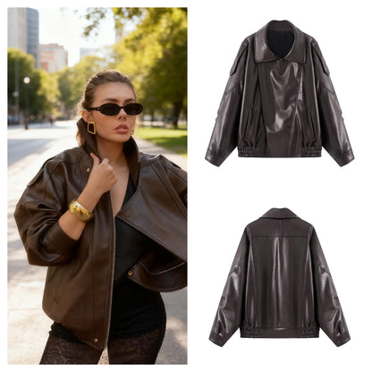 Damen Kunstlederjacke Innovatives Design Praktische Taschen Schwarz - Eveloria