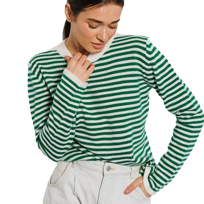 Damen Langarmpullover Weiches Streifenmuster Baumwollmix weiß