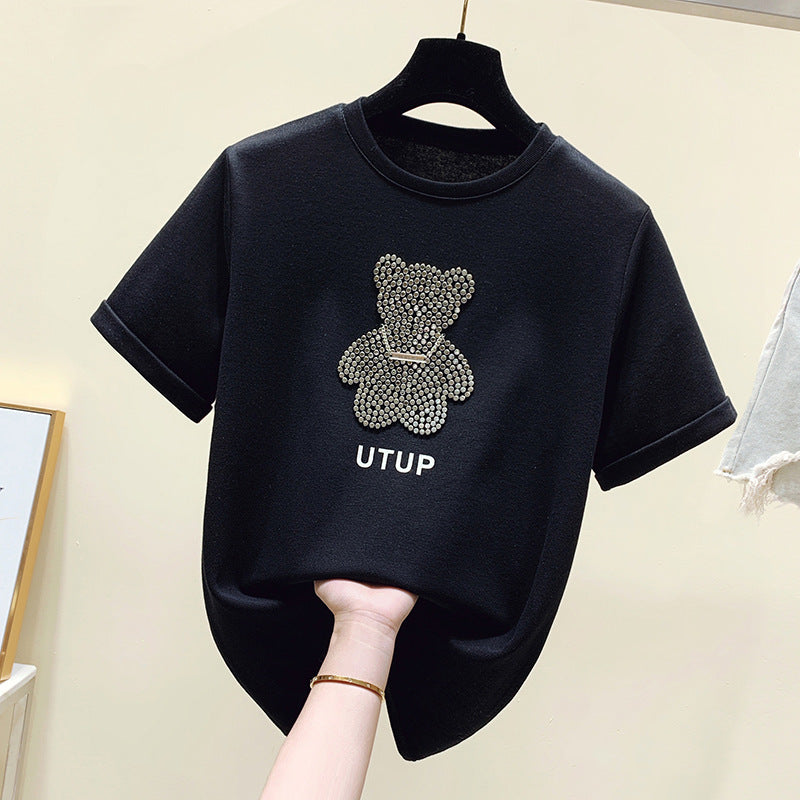 Damen T-Shirt mit Glitzerbärenmotiv Lässiger Schnitt