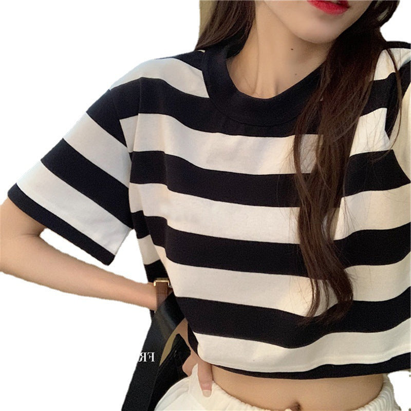 Damen T-Shirt Streifenmuster Lässig Cropped Baumwolle Weiß