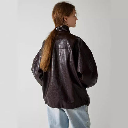 Damen Lederjacke Oversized mit Kragen und Knopfverschluss