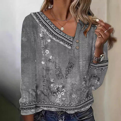 Damen Bluse Floralmuster V-Ausschnitt Eveloria