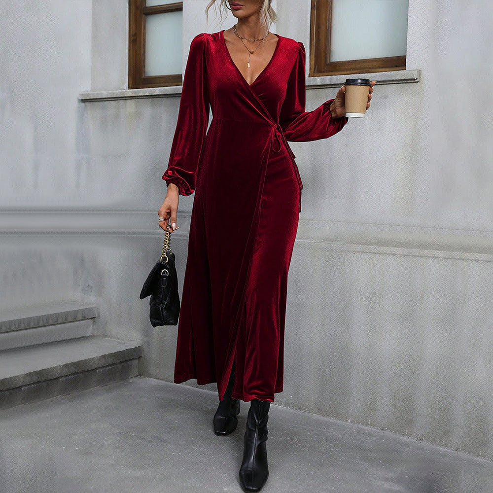 Damen Wickelkleid Samt V-Ausschnitt Eveloria