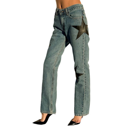 Damen Jeans Modisch Sternen Applikationen Blau Eveloria