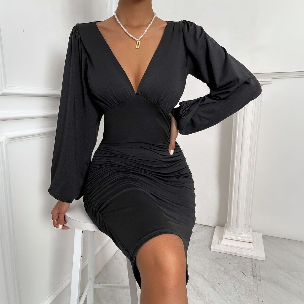 Damen Minikleid V-Ausschnitt Voluminöse Ärmel Eveloria