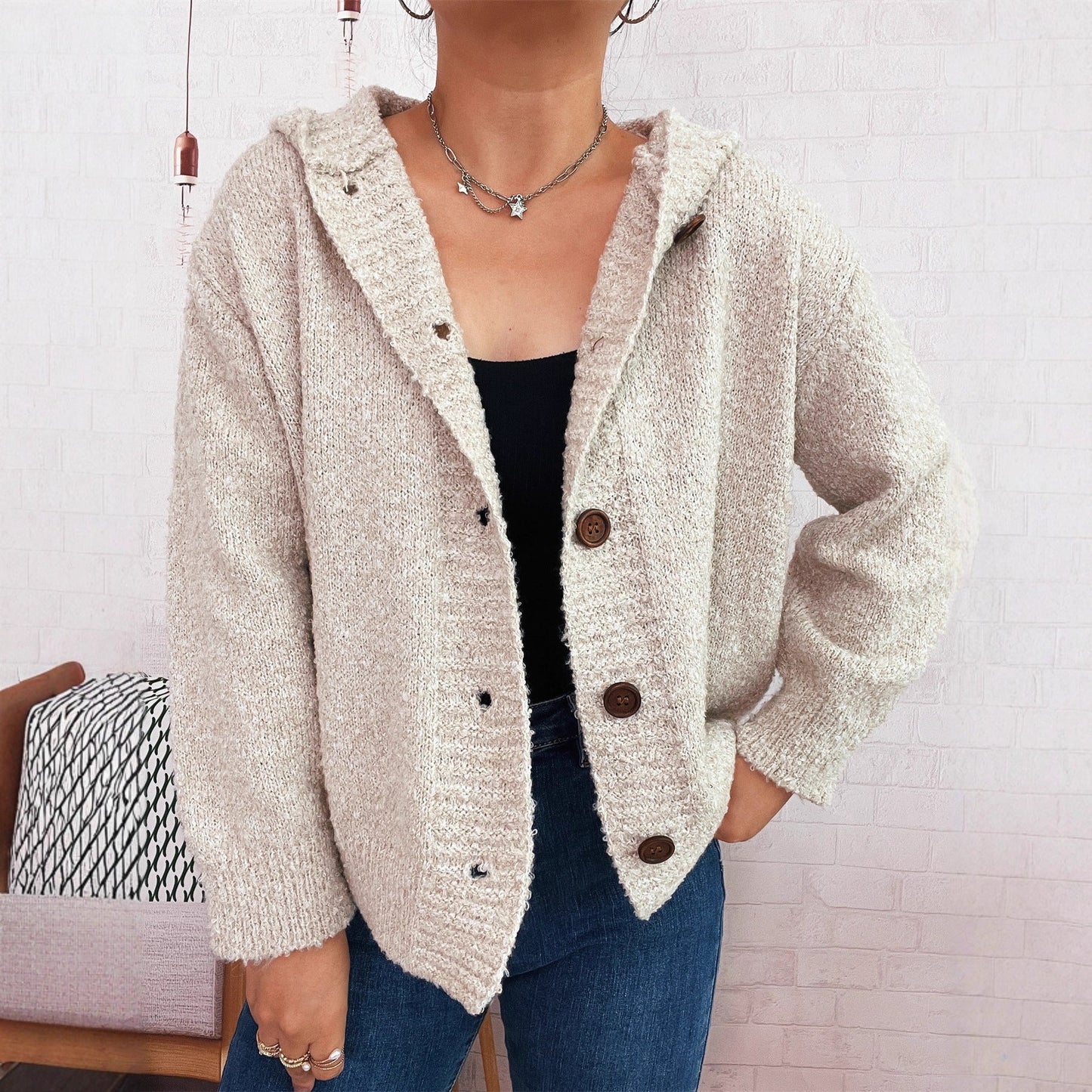 Damen Strickjacke Kapuze Knöpfe Grau Eveloria