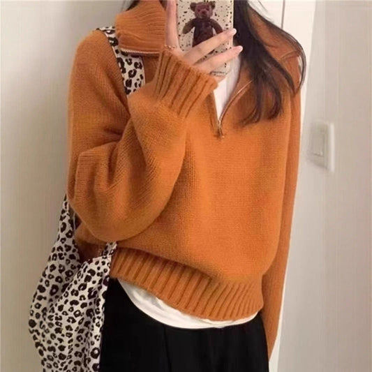 Damen Strickpullover Mit Reißverschluss Hoch Kragen Beige - Eveloria