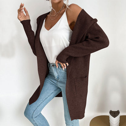 Damen Strickcardigan Lässig Hoher Kragen Offene Vorderseite Beige