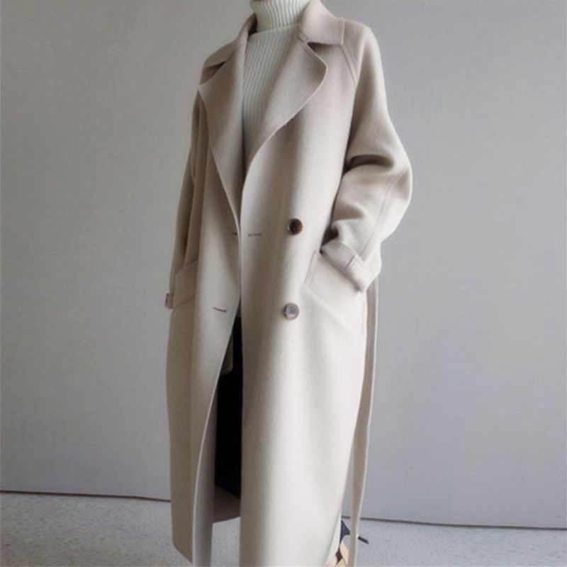 Damen Longcoat Doppelreiher Oversized Wolloptik Schwarz - Eveloria