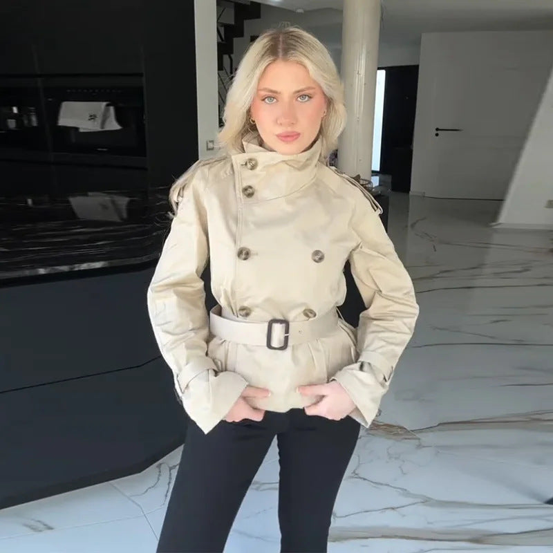 Damen Trenchjacke Kurz Modisch Doppelter Knopf Eveloria