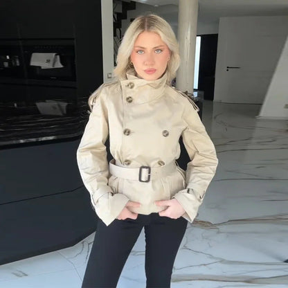 Damen Trenchjacke Kurz Modisch Doppelter Knopf Eveloria
