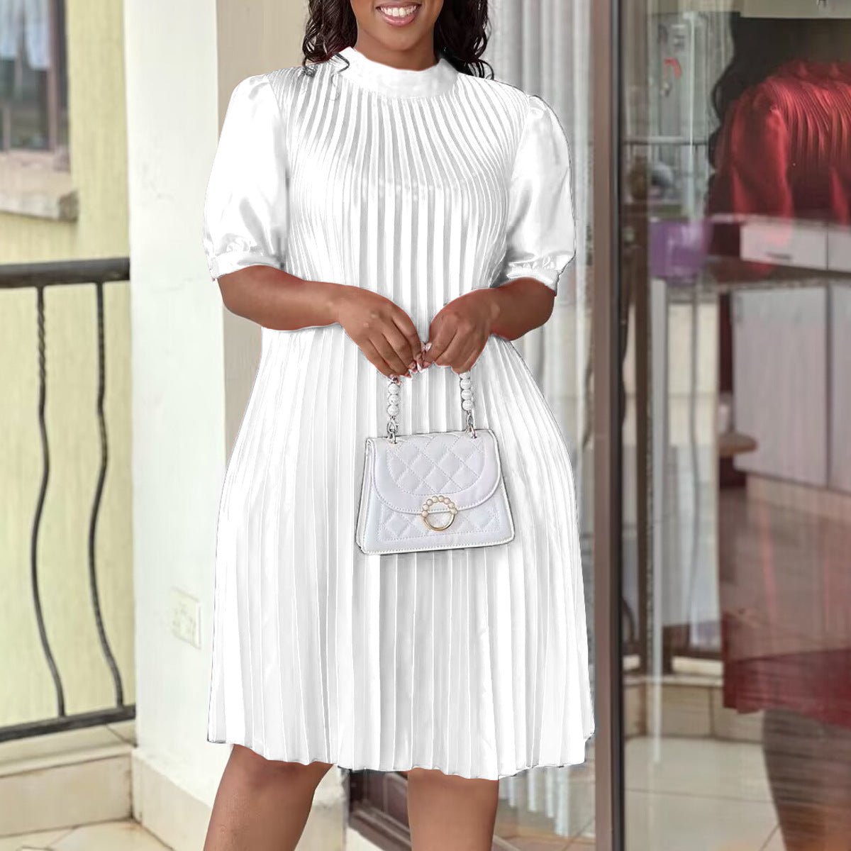 Damen Plissee-Kleid mit Bindeband und Halbärmeln