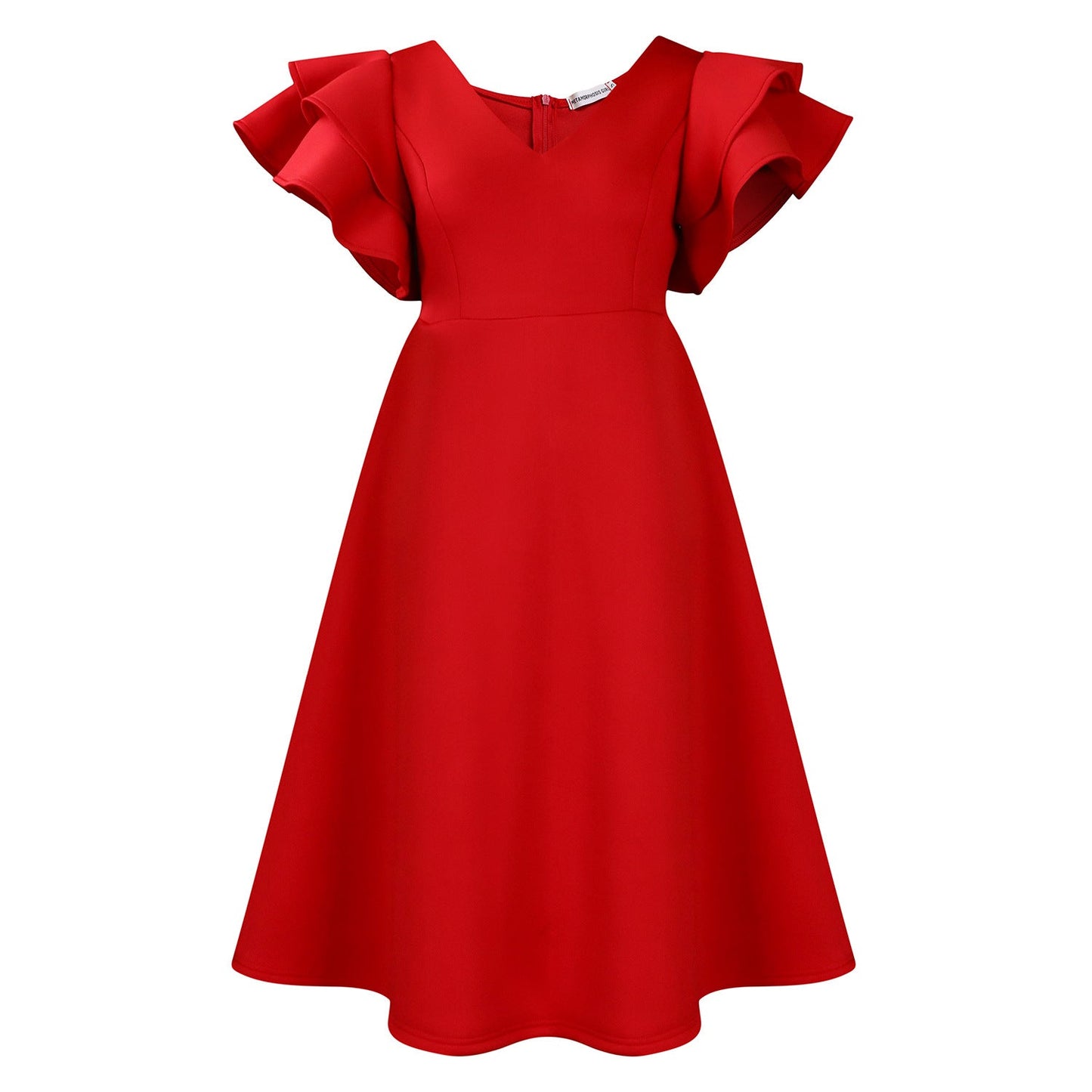 Damen Midi-Kleid Voluminöse Rüschenärmel Weit Schwingender Rock