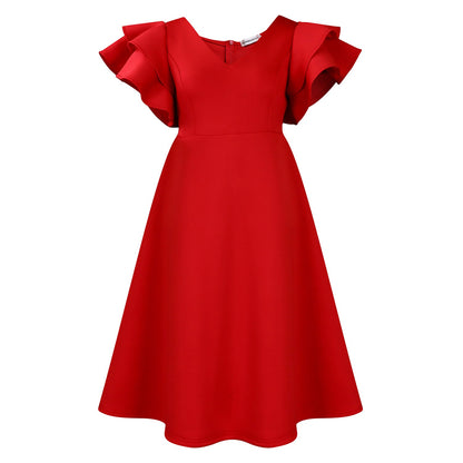 Damen Midi-Kleid Voluminöse Rüschenärmel Weit Schwingender Rock