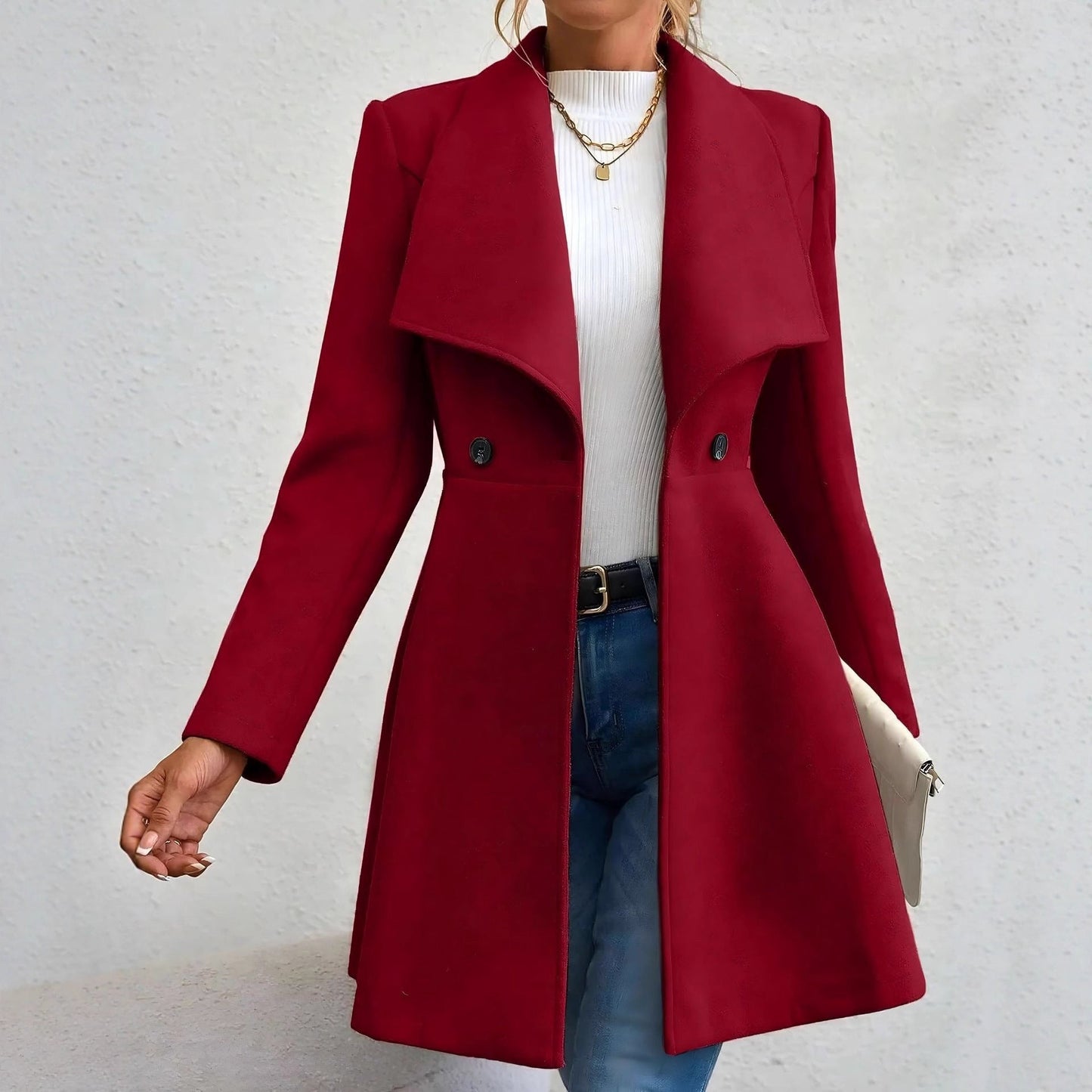 Damen Wollmantel Eleganter Revers Doppelter Knopf Eveloria