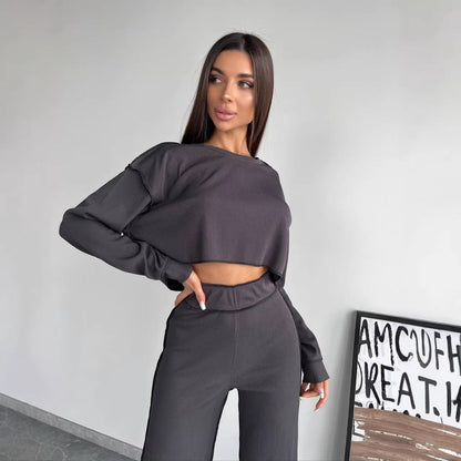 Damen Lounge-Set Cropped Oberteil Weite Hose Beige