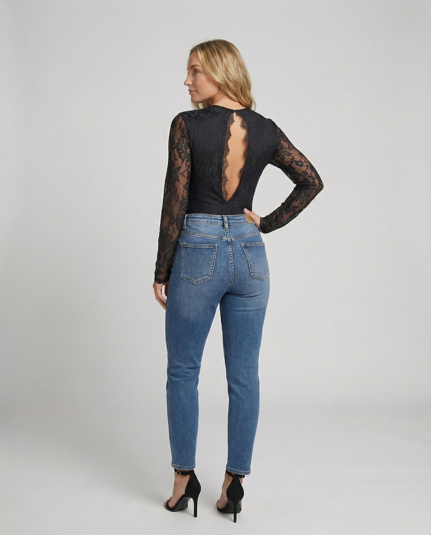 Damen Langarmbody Spitze V-Ausschnitt