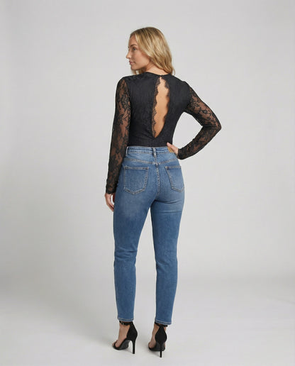 Damen Langarmbody Spitze V-Ausschnitt