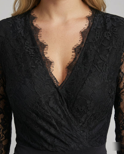 Damen Langarmbody Spitze V-Ausschnitt