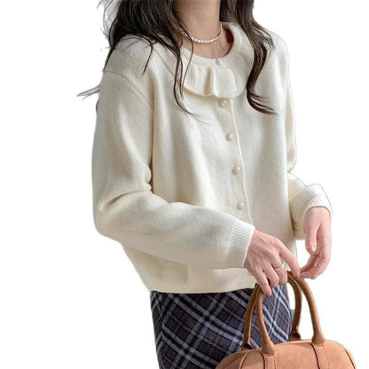 Damen Strickpullover Romantischer Rüschenkragen Feine Knöpfe