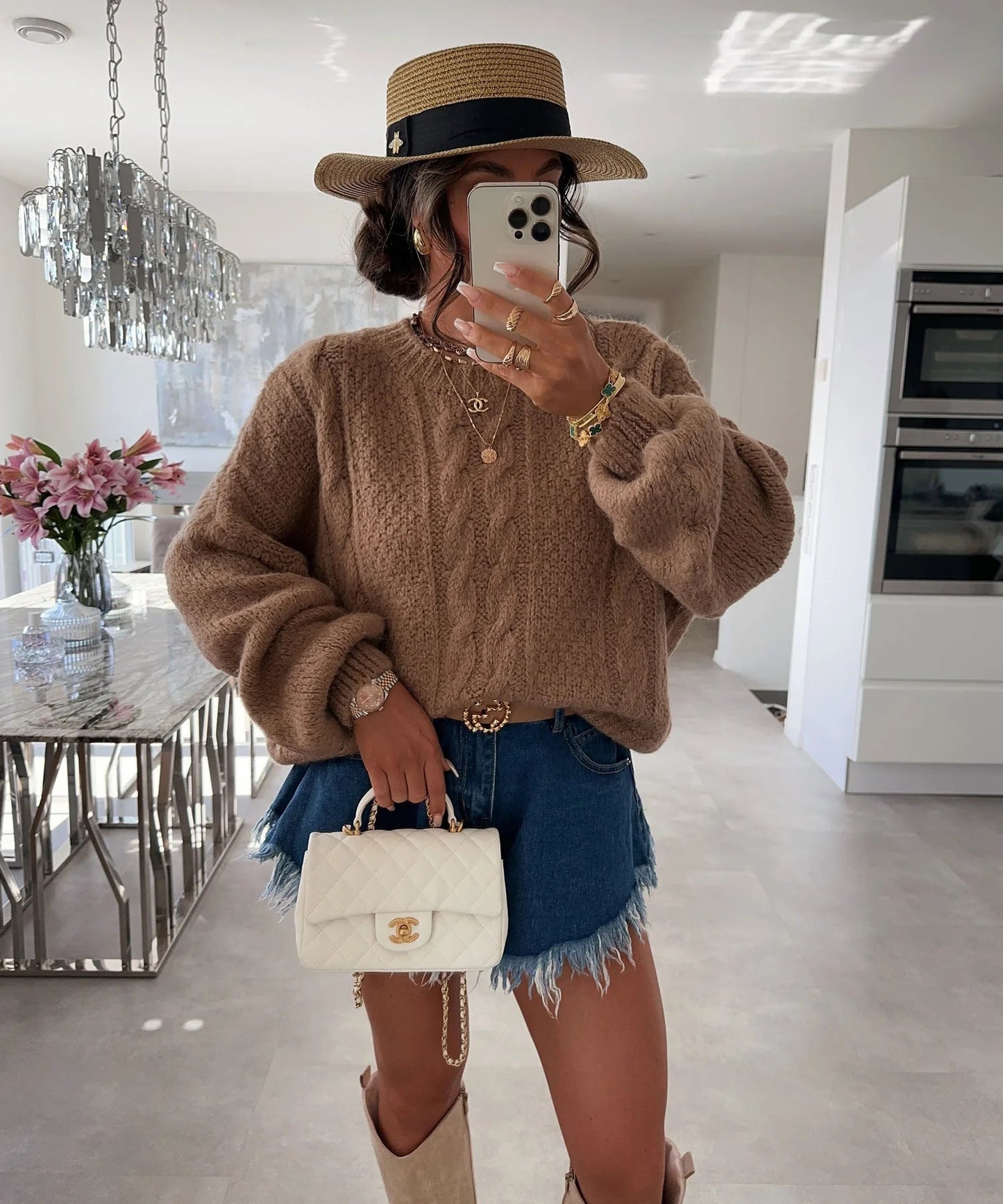 Damen Grobstrickpullover Voluminöse Ärmel Zopfmuster