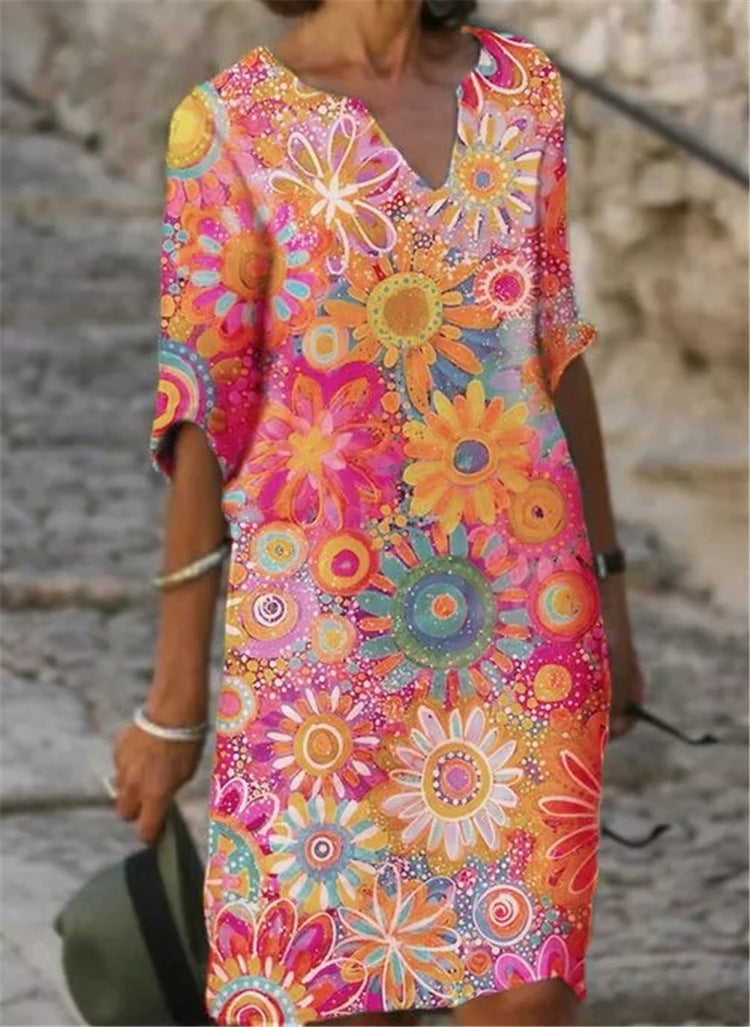 Damen Freizeitkleid Floralmuster V-Ausschnitt