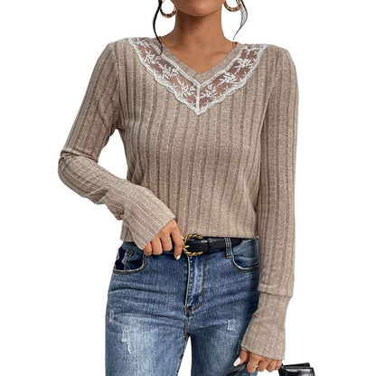 Damen Langarmshirt Spitze Gerippt Weiß