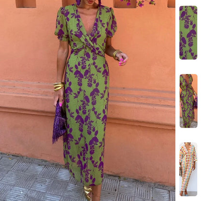Damen Maxikleid V-Ausschnitt Rautenmuster Eveloria - Eveloria