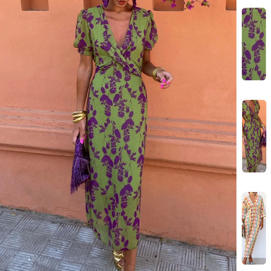 Damen Maxikleid V-Ausschnitt Rautenmuster Eveloria - Eveloria