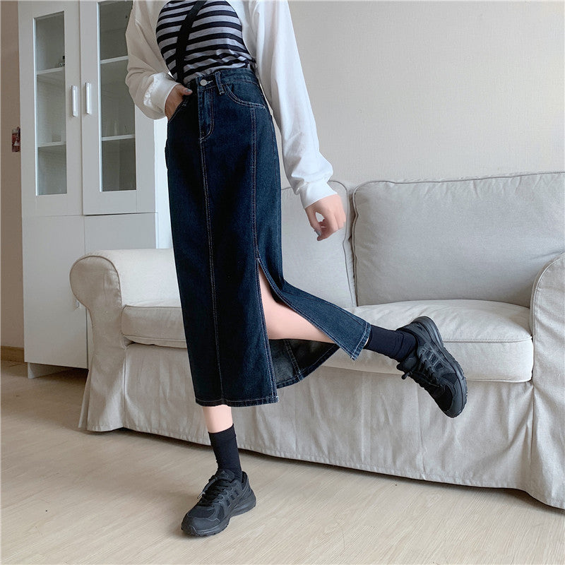 Damen Denim-Rock Lang Mit Seitlichem Schlitz Blau