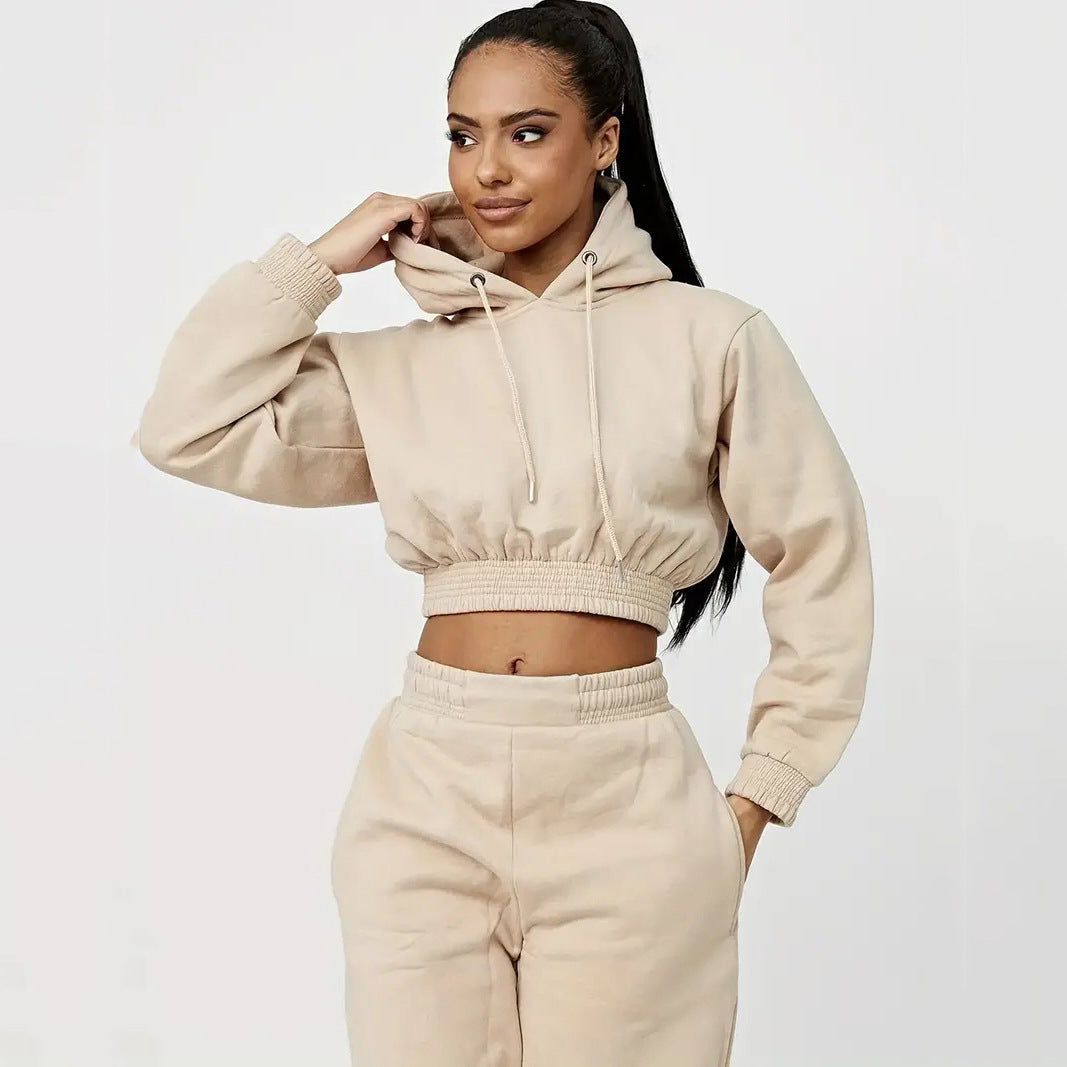 Damen Cropped Sweatanzug Elastisch Mit Kordelzug Beige - Eveloria