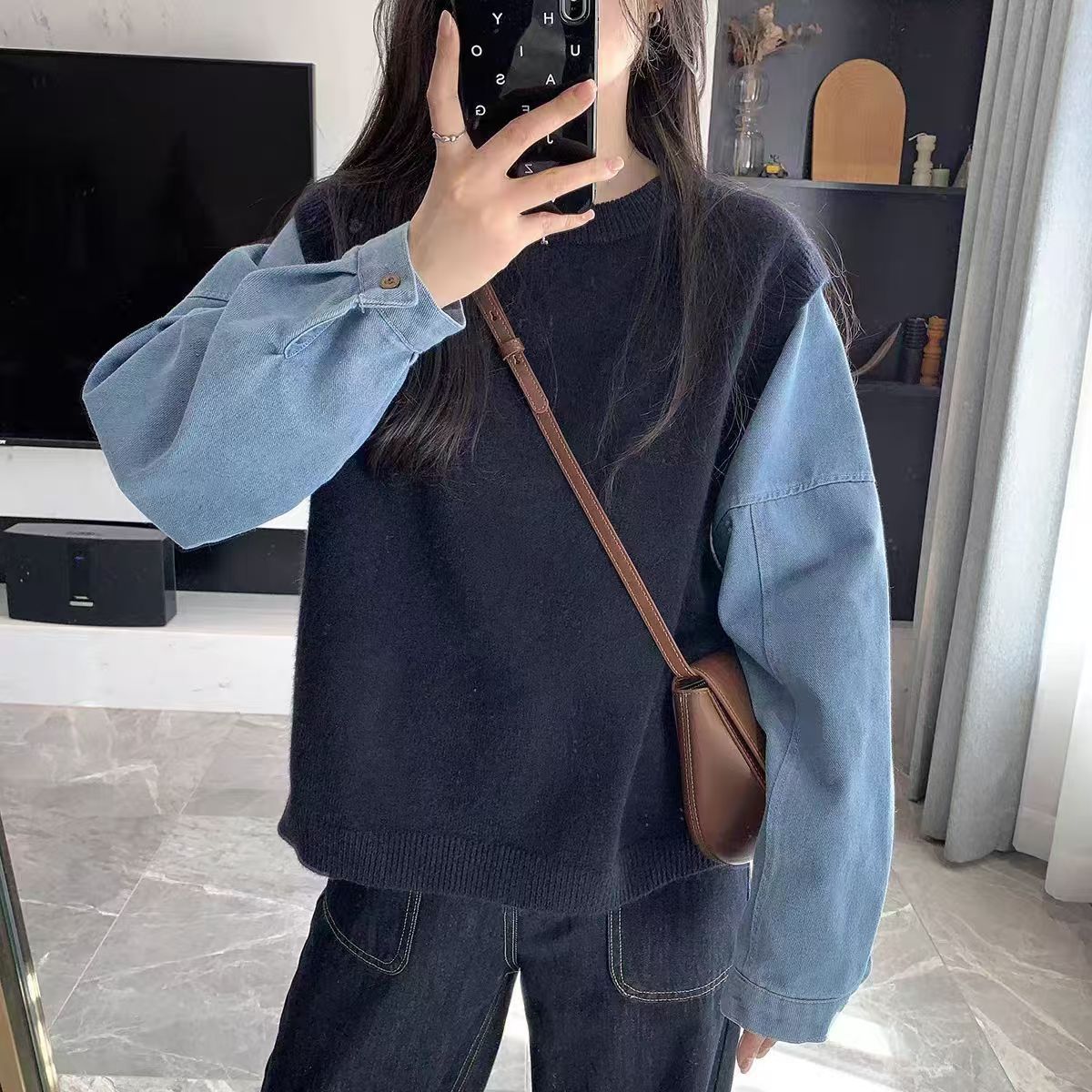 Damen Strickpullover Denim Ärmel Eveloria