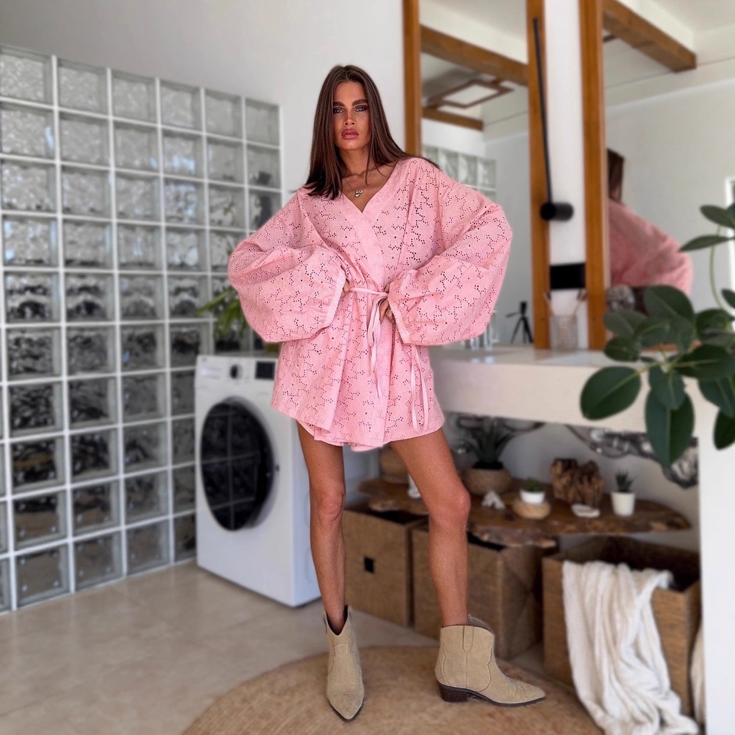 Damen Kimono mit Taillengürtel Modisch Schwarz Eveloria - Eveloria