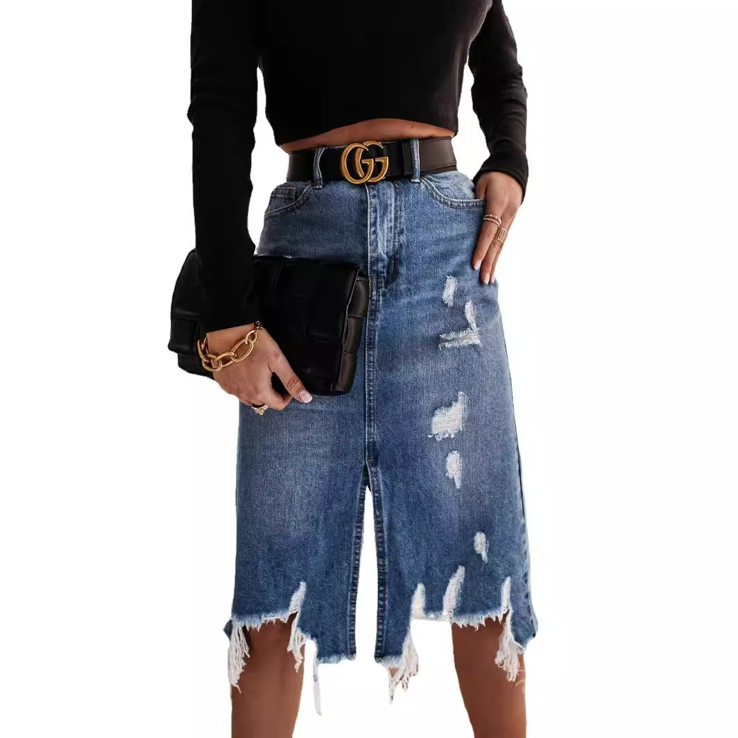 Damen Denim-Rock Asymmetrisch Destroyed Blau
