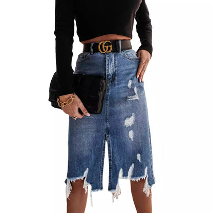 Damen Denim-Rock Asymmetrisch Destroyed Blau