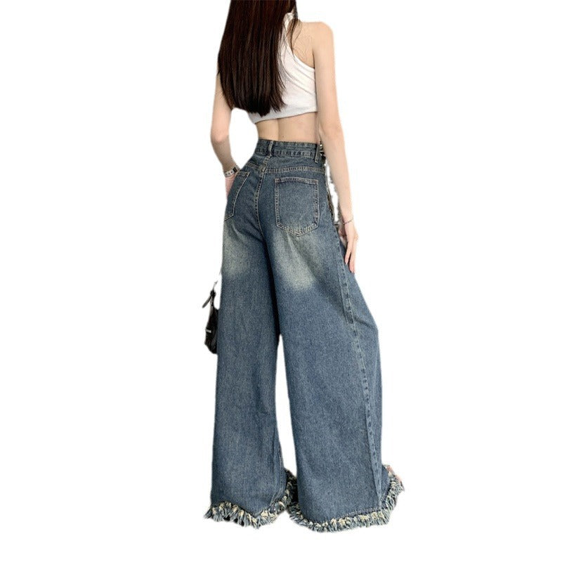 Damen Weite Jeanshose Fransiger Saum Eveloria