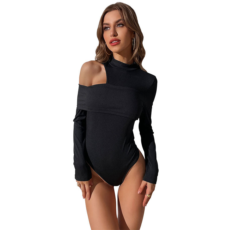 Damen Ein-Schulter-Bodysuit Langärmlig Eleganter Schnitt