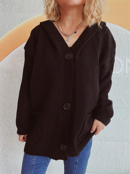 Damen Strickjacke Kapuze Aufgesetzte Taschen Kuschelig Grau Eveloria