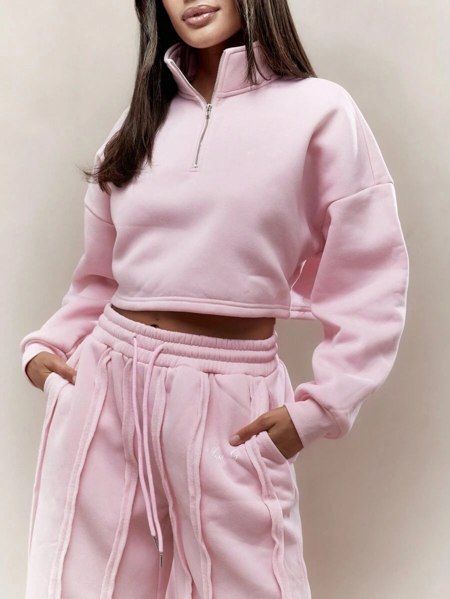 Damen Cropped Sweatshirt Reißverschluss Komfortbund Eveloria
