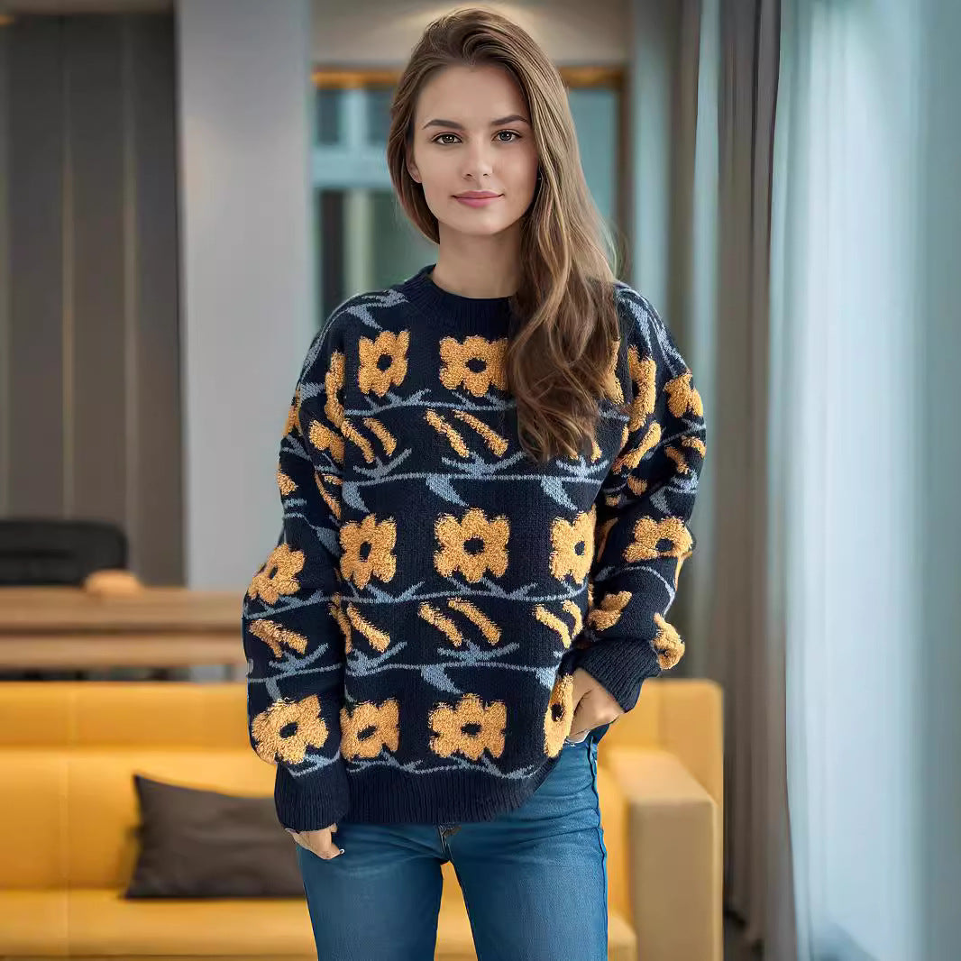 Damen Strickpullover Kuscheliger Floralmuster 3D-Applikationen
