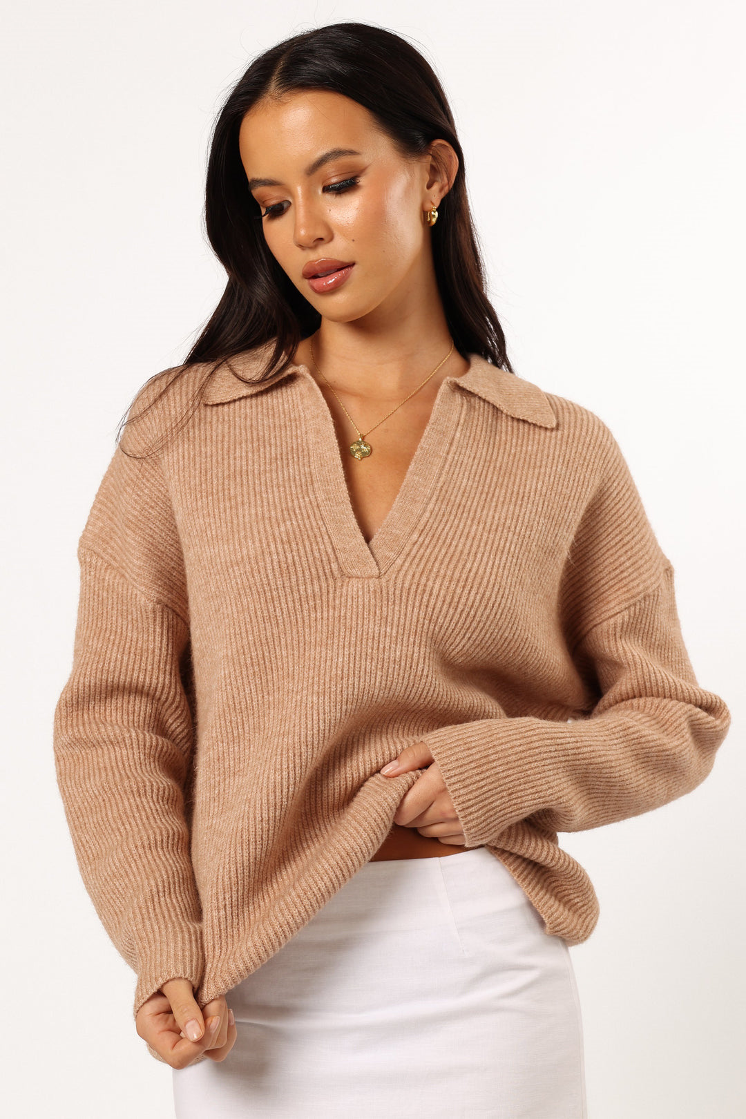 Damen Oversized Pullover V-Ausschnitt Rippenstruktur Beige