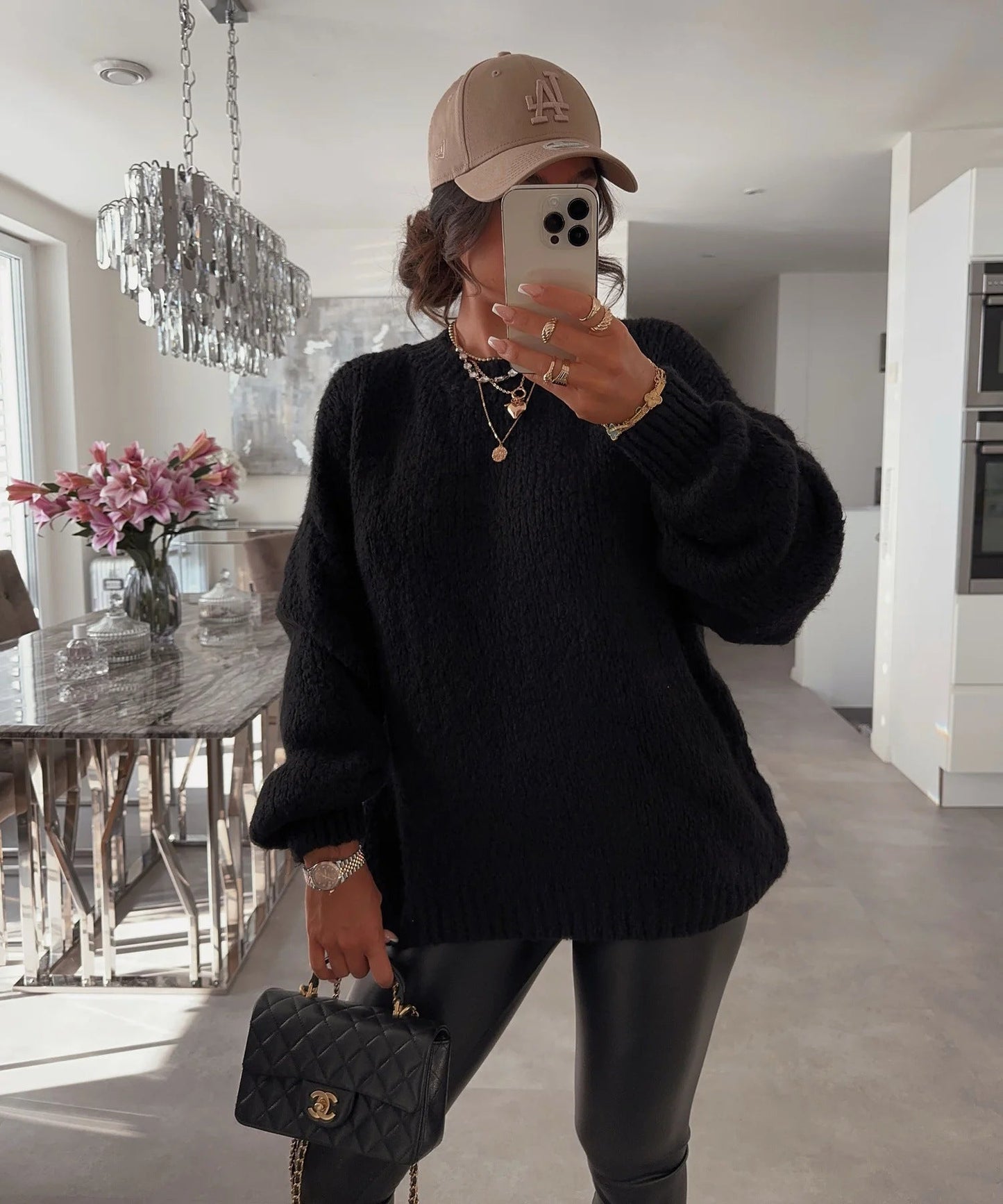 Damen Strickpullover Luftiger Look Voluminöse Ärmel Eveloria